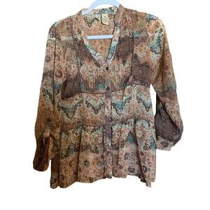 Bke Buckle Womens Size Medium Sheer Bohemian Print Button Blouse Top